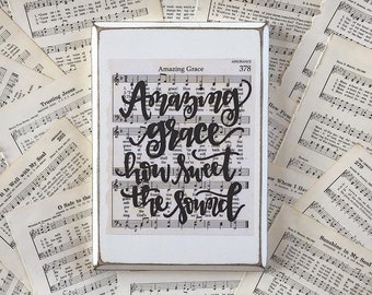 Amazing Grace Hymn Board | Hand-Lettered Wall Decor | Christian Gift | Inspirational Art | Home Decor | Distressed Wood Sign | Sheet Music