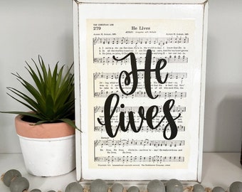 He Lives | Sheet Music Art | Christian Gifts | Hymn Board | Christian Wall Art | Rustic Home Decor | Gift for Pastor | Distressed Wood Sign