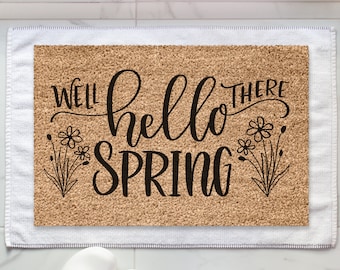 Spring Door Mat, Hello Spring, Spring Decor, Front Door Decor, Coir Rug, Hand Lettered Rug, Doormat, Floral