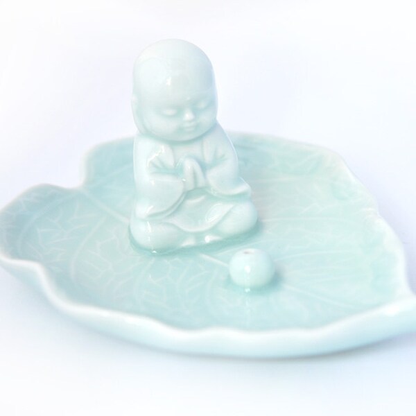 Monk Sitting on a Lotus Leaf, Very Zen Incense Holder/Burner- JingGu Fine Porcelain