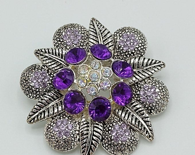 Vintage Silver Tone Round Flower Brooch Pin Purple Lavender AB Rhinestones Stunning!