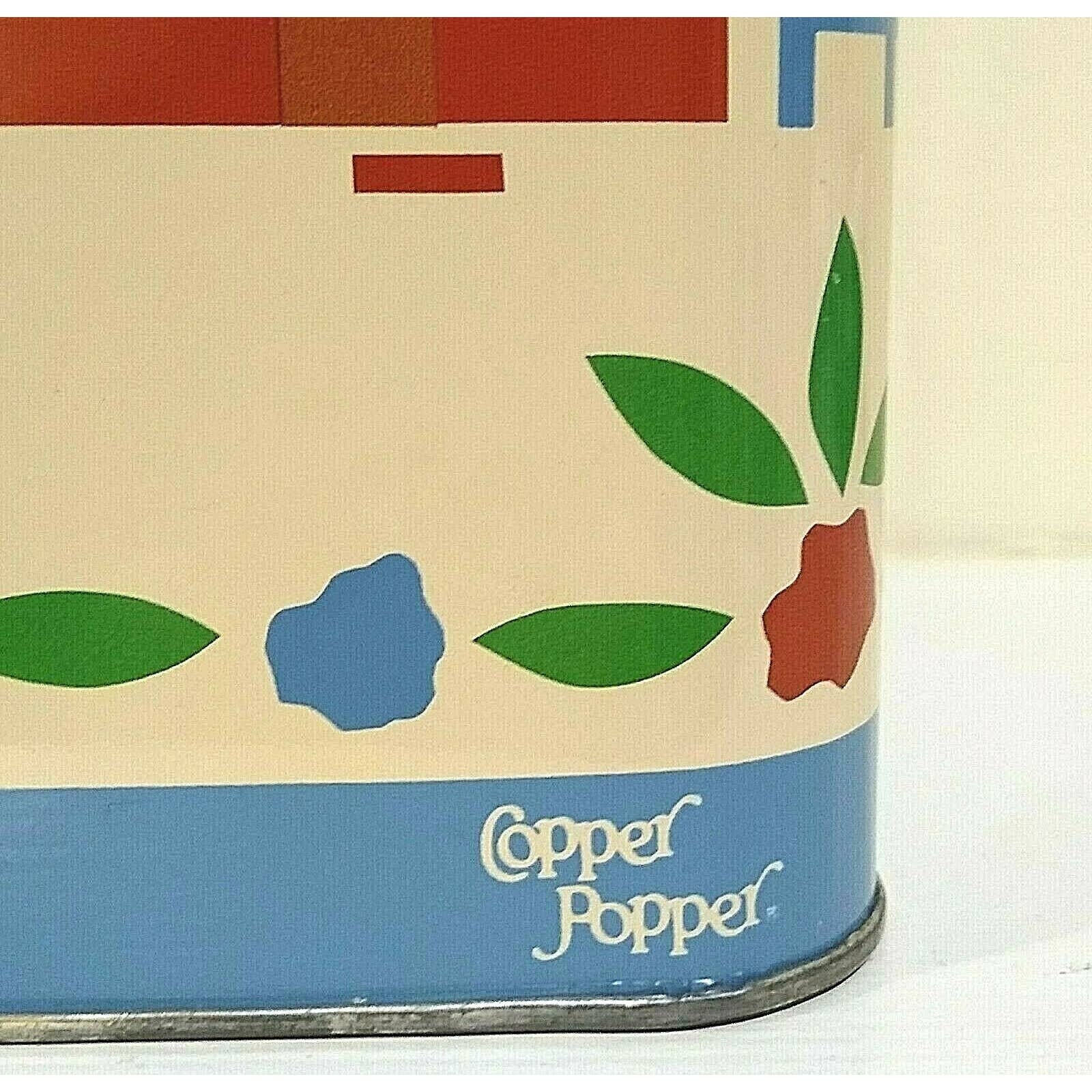 Collectible Square Tin MidCentury Copper Popper Blue Red Green House