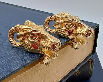 Aries Ram's Head Earrings Gold Tone Clip-on Bold Statement Jewelry