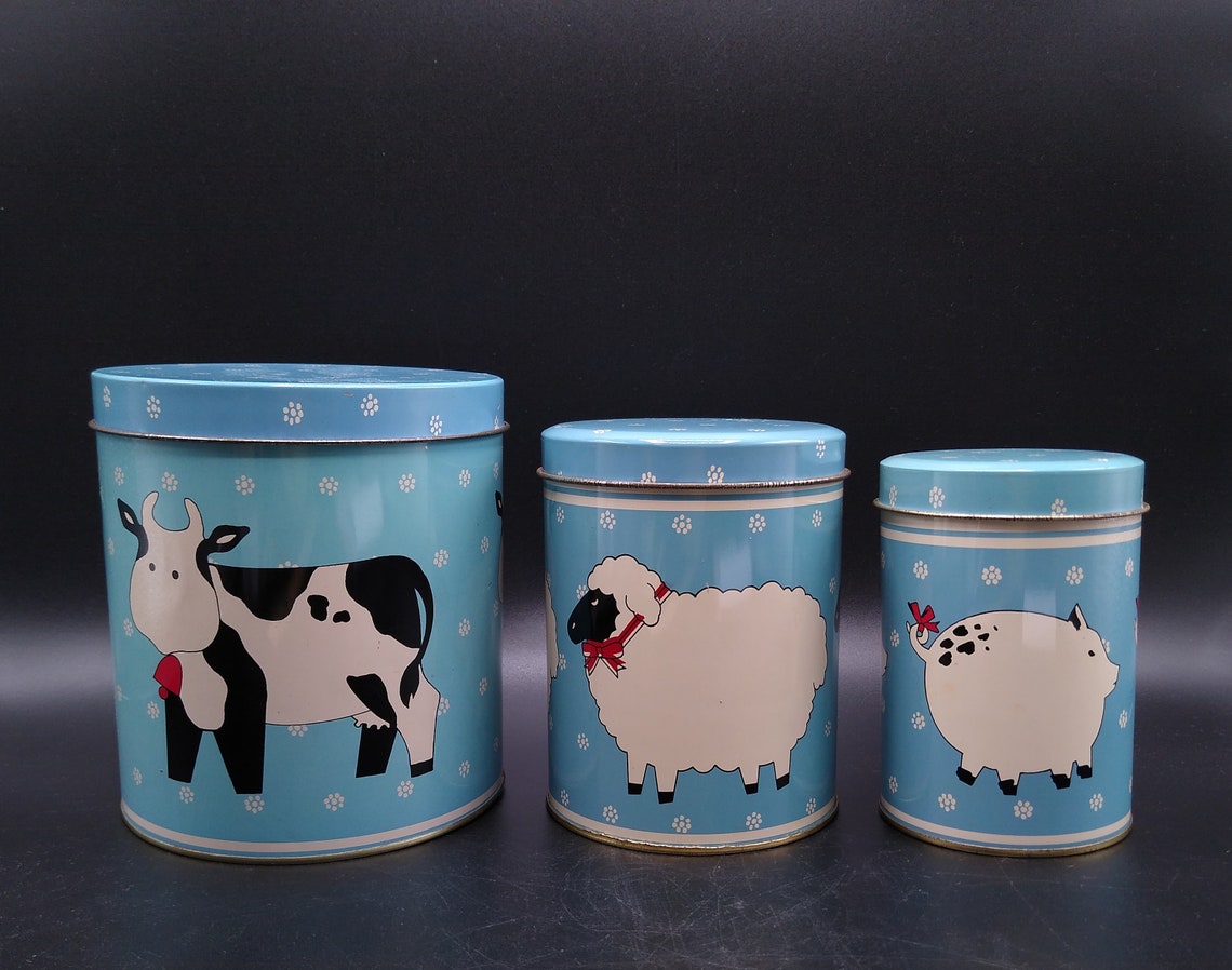 Vintage Midcentury Tin Canisters 3piece Set Farm Animals Cow Etsy