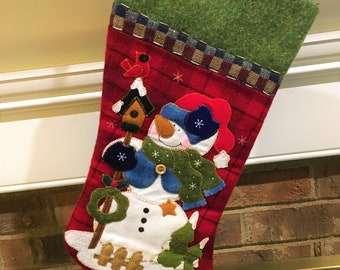 Felt Applique Snowman Red Plaid Christmas Stocking Embellished With Buttons