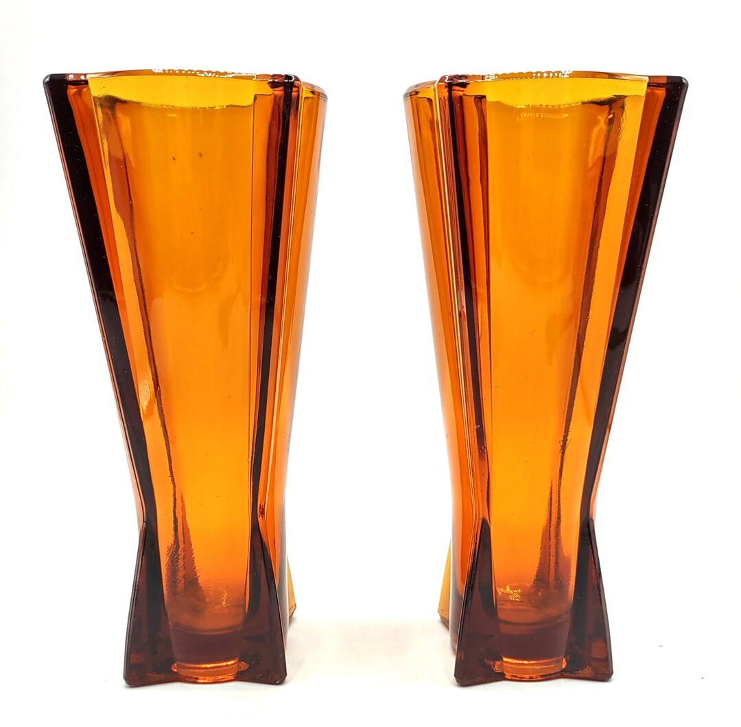 2 Vintage MCM Amber Glass Rocket Vases Atomic Era Space Age Etsy