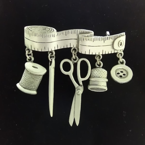 JJ Seamstress Quilter Tailor Bar Pin Sewing Charms Thread Scissor Thimble Button