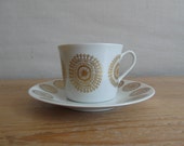 RESERVED - Porsgrund Norway - 4 sets - demi tasse / coffee cup & saucer - gold floral decor - midcentury