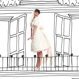 Marry Me Molly, Dupioni Silk Wedding Dress with sleeves and long bow, new dress in vintage look and style
