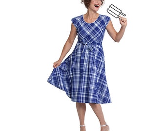 Sue Madras, 50's retro vintage cotton dress with pockets in tartan blue fabric