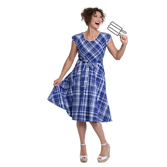 Sue Madras, 50's Retro Vintage Cotton Dress with Pockets in Tartan Blue Fabric Sue Madras, 50's Retro Vintage Cotton Dress with Pockets in Tartan Blue Fabric