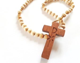 Rosary made of wooden beads with a wooden cross made of beech wood (reddish) for First Communion