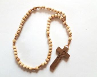 Rosary made of wooden beads with a dark wooden cross made of beech wood (reddish) for First Communion
