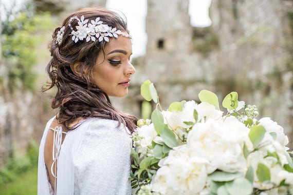 Pearl Hair Vine Halo Bridal Hairpiece Boho Crystal Bridal Headpiece | Wedding Hair Vine Wreath  main image 3