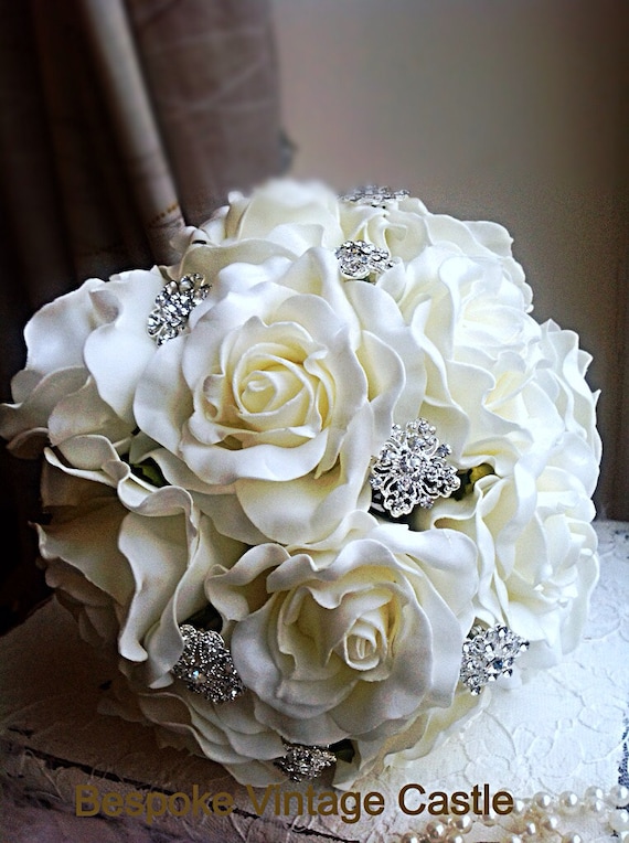 White Wedding Bouquet, Ivory, Bespoke Bridal Bouquet,crystal