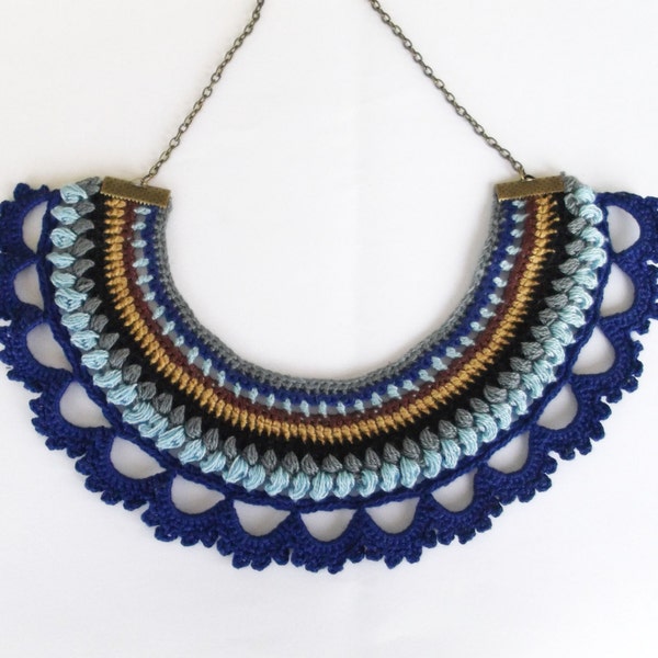 Blue Bib Necklace, Fiber Statement Necklace, Statement Jewelry, Tribal Necklace, Hand Crocheted Necklace, Ethnic Casual