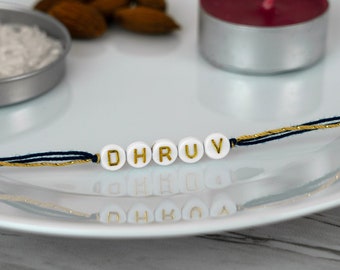 Navy Gold Custom Name Rakhi | Navy and Gold Rakhi with Letter Accent Beads | Rakhi for Brother, Raksha Bandhan Thread | Custom Bracelet