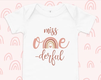 Miss One-Derful Onesie | Cursive One Text With Boho Rainbow | Rainbow With One | First Birthday, One Year Old