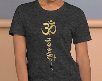Gold Om Namaste Short-Sleeve T-Shirt | Om Symbol & Namste, Aum Tee, Yoga, Spiritual, Zen, Meditation Apparel