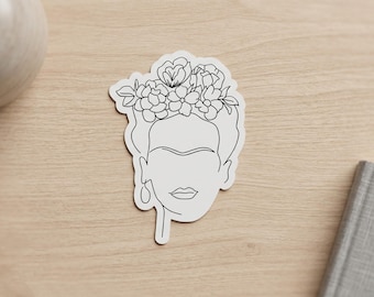 Frida Kahlo Minimalist Line Art Sticker | Floral Portrait Outline | Art Sticker | Waterproof Vinyl for Laptop, Journal, Water Bottle