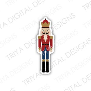 May include: A sticker of a cartoon nutcracker soldier. The nutcracker wears a red jacket, blue pants, and black boots. It has a gold crown and a large mustache. The sticker is on a white background.