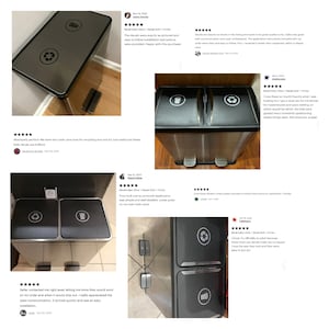May include: Two stainless steel trash cans with black lids and labels. The labels have a recycling symbol and a trash can symbol. The labels are easy to apply and look great on the trash cans.