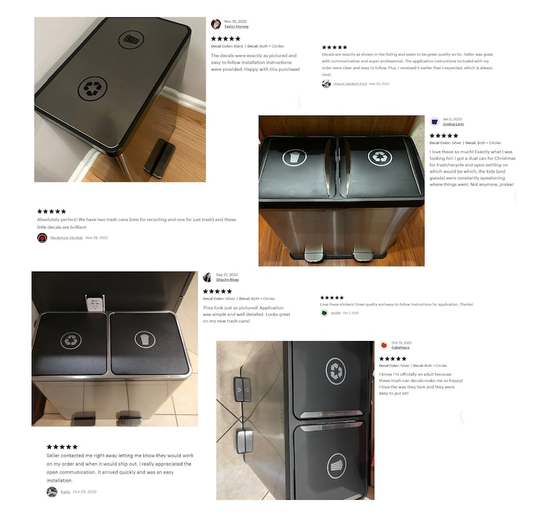 May include: Two stainless steel trash cans with black lids and labels. The labels have a recycling symbol and a trash can symbol. The labels are easy to apply and look great on the trash cans.