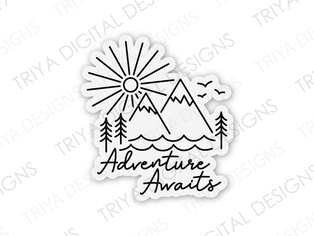 Adventure Awaits Minimal Sticker | Hand Drawn Mountain Scene, Travel ...