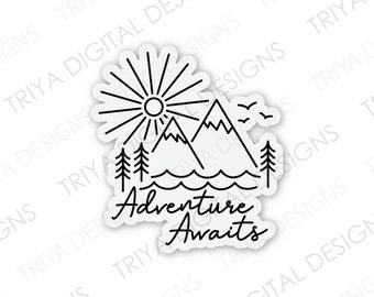 Adventure Awaits Minimal Sticker | Hand Drawn Mountain Scene, Travel, Explore Sticker for Laptop, Water Bottle, Planner | Waterproof Vinyl