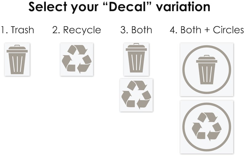 May include: Four options for a decal: a trash can, a recycle symbol, both, and both with circles. The trash can and recycle symbol are gray. The circles are white with a gray outline.
