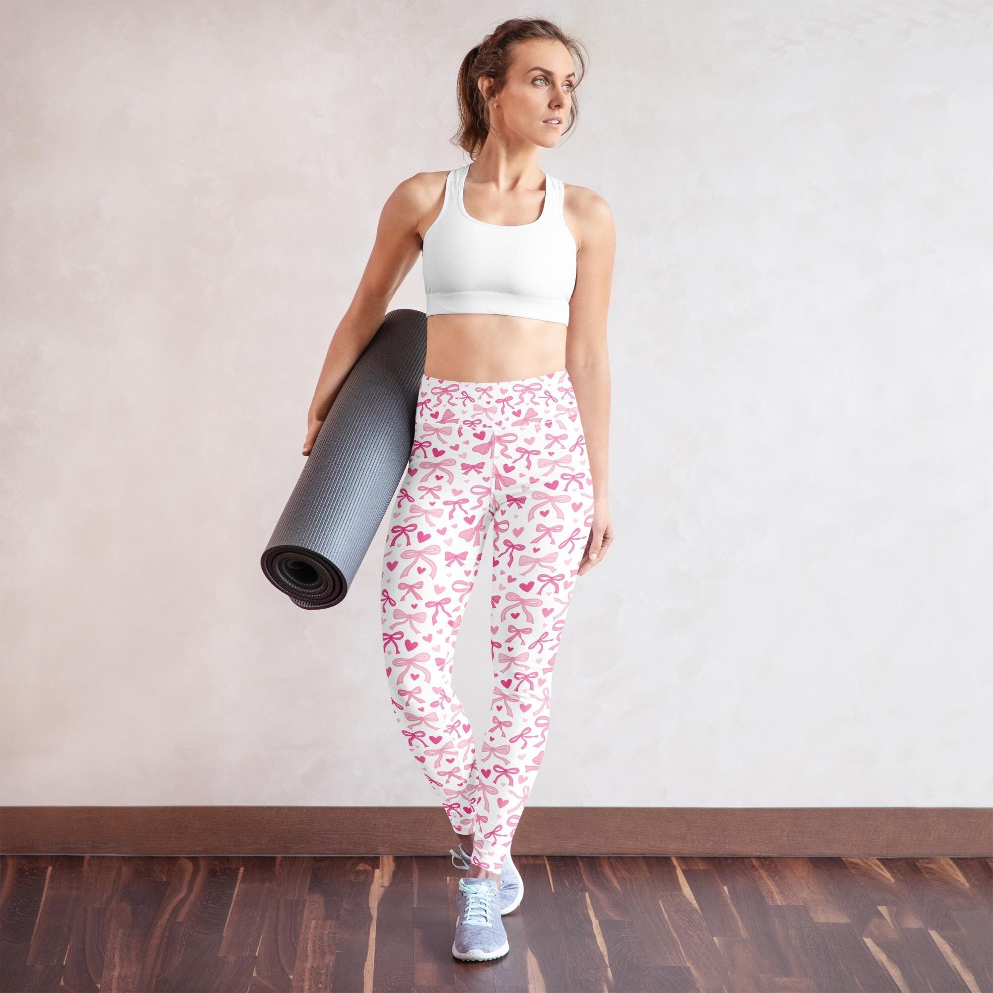 Coquette Pink Bows Yoga Leggings | All Over Print Heart Ribbons White and Pink Athleisure, Comfy Wear