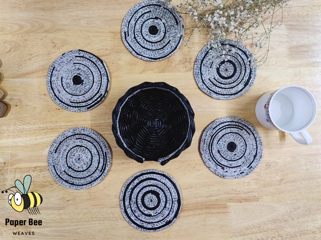 Recycled Newspaper Coasters and Holder, Boho Style Set of 6 Drink