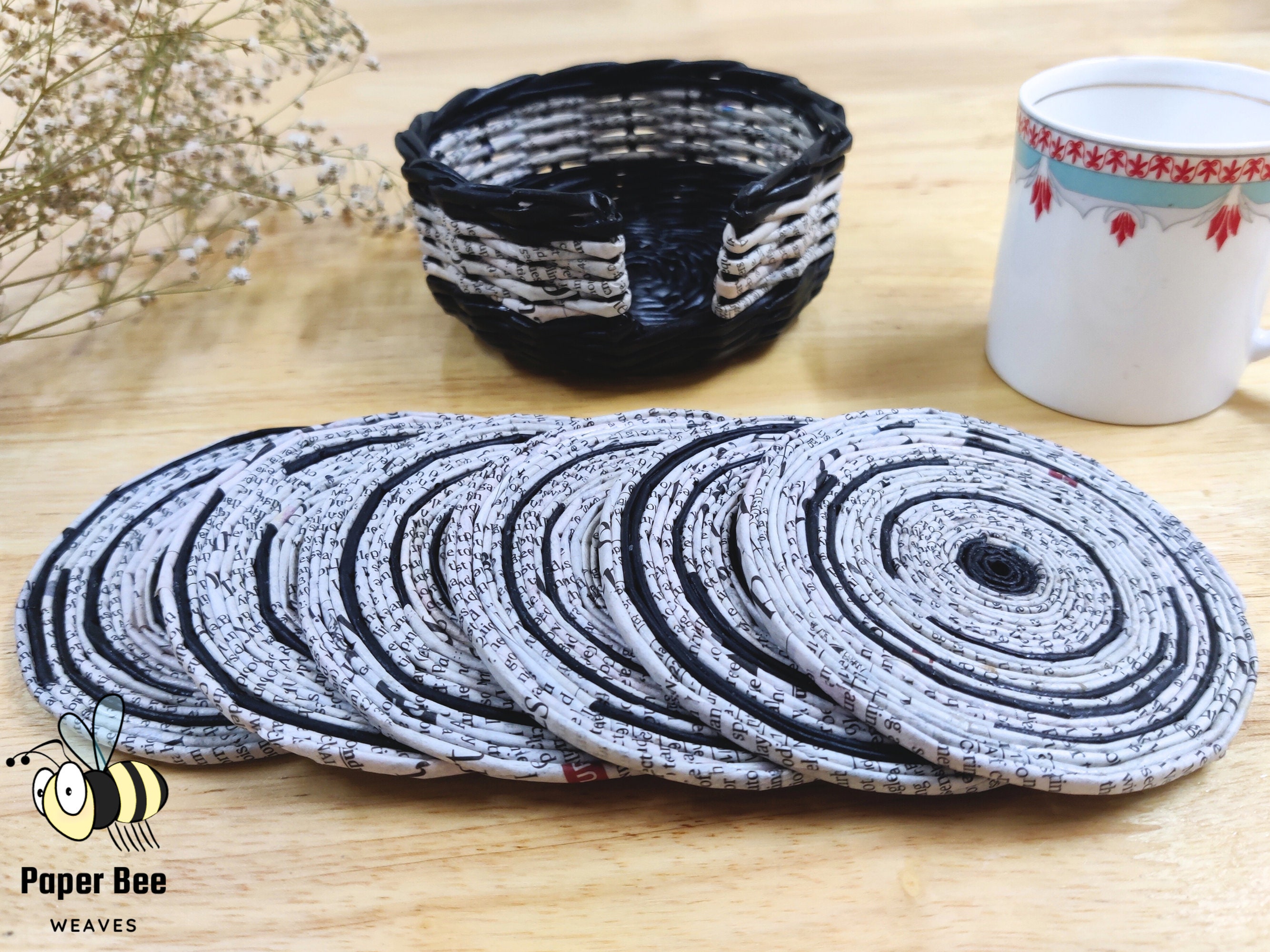 Recycled Newspaper Coasters and Holder, Boho Style Set of 6 Drink