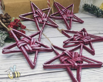 Rustic cottagecore Christmas decorations, newspaper made red woven stars, upcycled recycled stocking filler, set of 5 five gift ornament