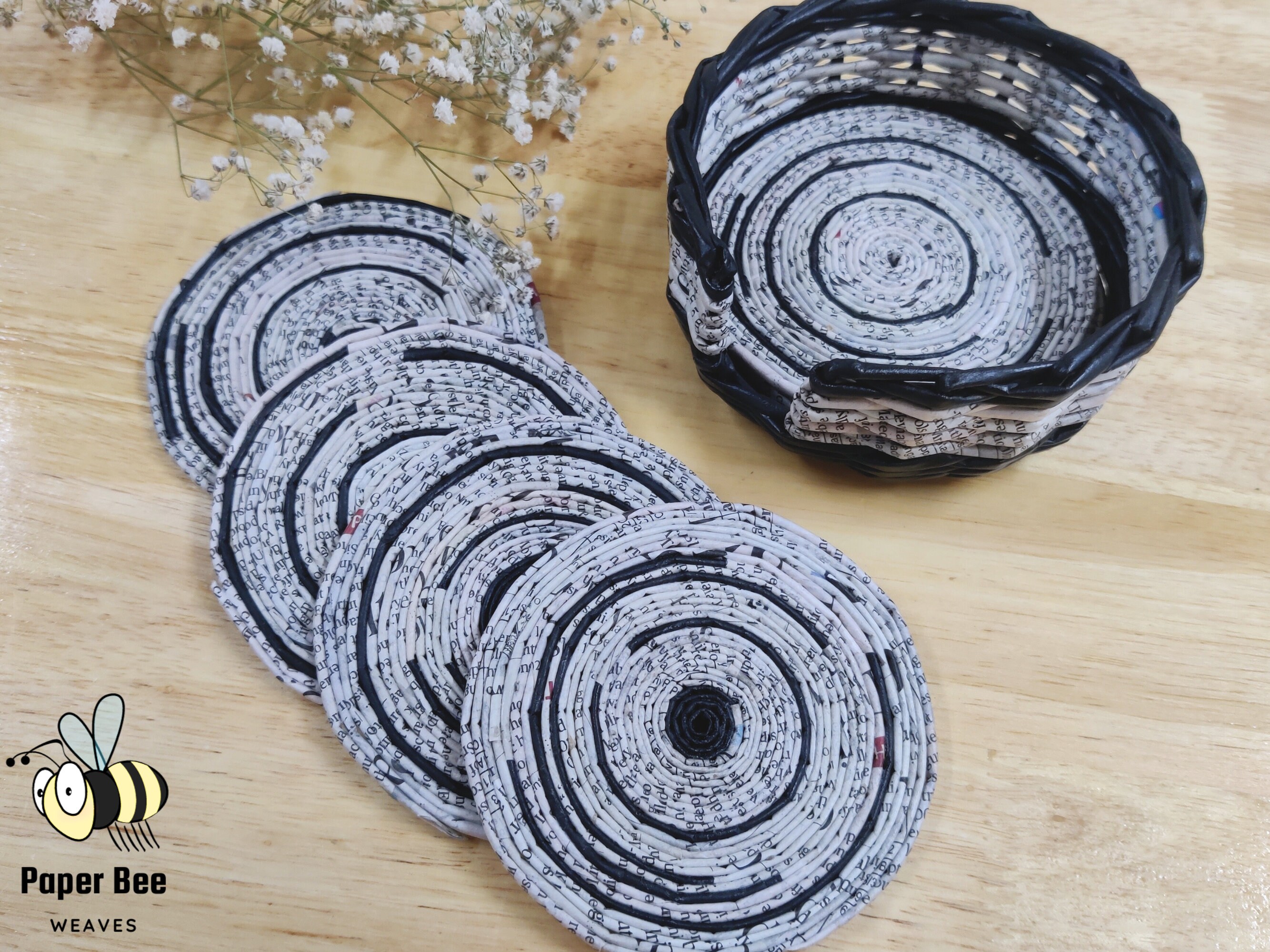 Recycled Newspaper Coasters and Holder, Boho Style Set of 6 Drink