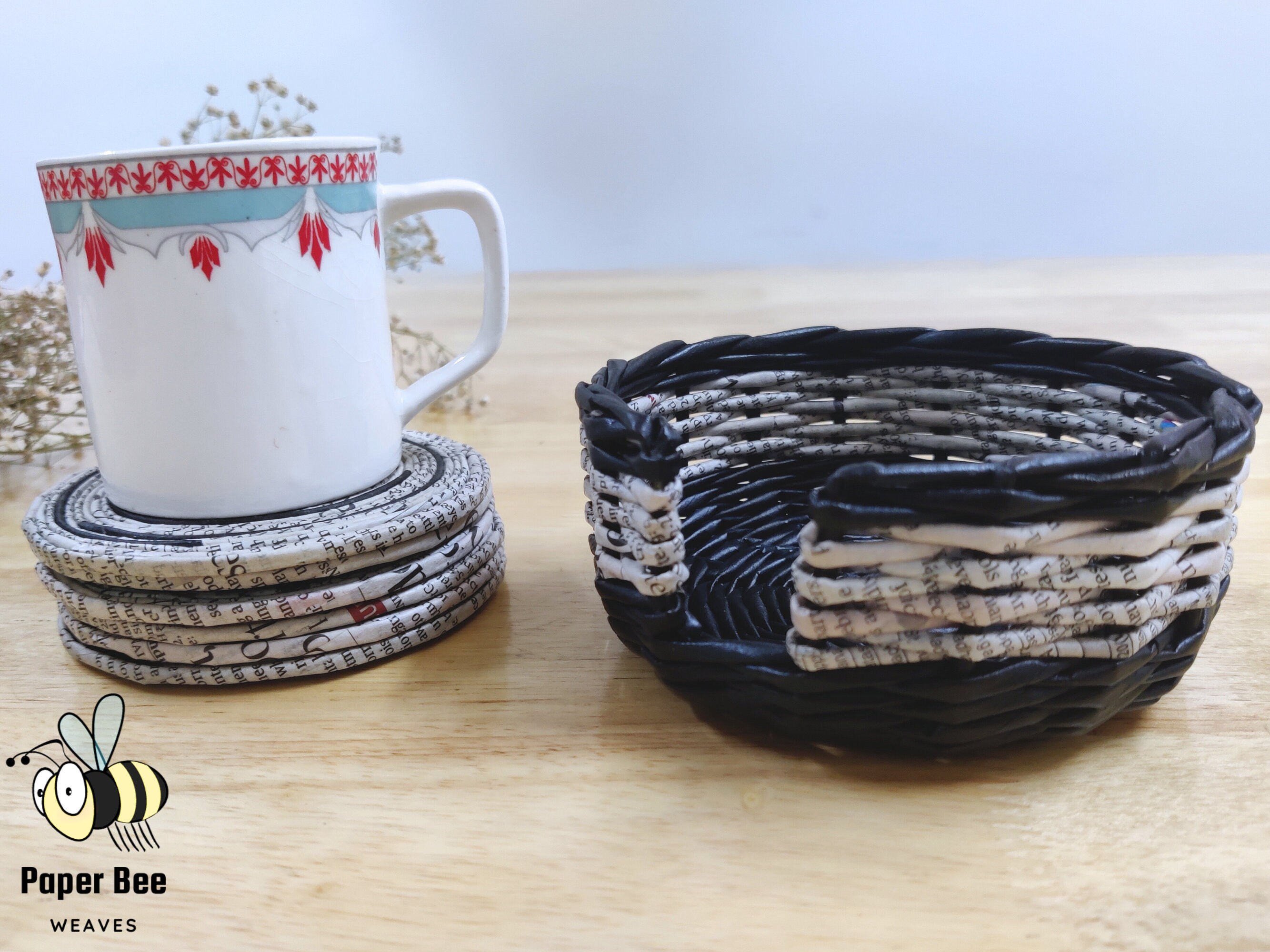 Recycled Newspaper Coasters and Holder, Boho Style Set of 6 Drink