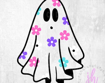 Groovy Retro Flowered Ghost PNG Digital, Halloween Sublimation DTF