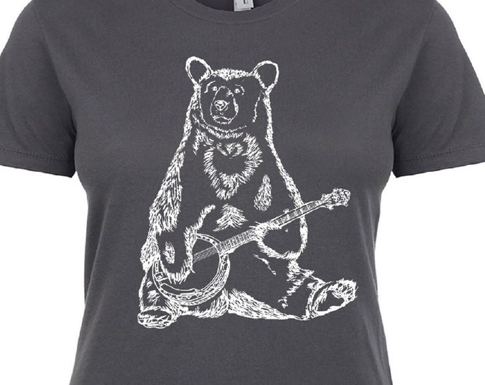 Shirts for Women - Bear Shirt - Banjo Shirt - Funny Animal Shirt - Cotton Tshirt - Banjo Gifts - Hand Drawn Unique Gifts - Dark Gray Shirt