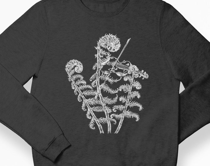 Unisex Sweatshirt - Dark Heather Gray Fleece - Printed Graphic Fiddle Playing Fern - Men Women Crewneck - Gifts Idea - Cute Unique Trendy
