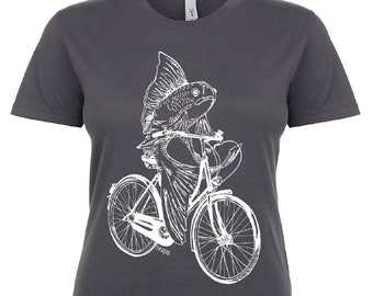 Womens Graphic T shirt - Womens Crewneck Tee - Fish on a Bike Shirt - Nautical Shirt - Funny Shirt - Womens Retro Tshirt - Womens Tee Shirts