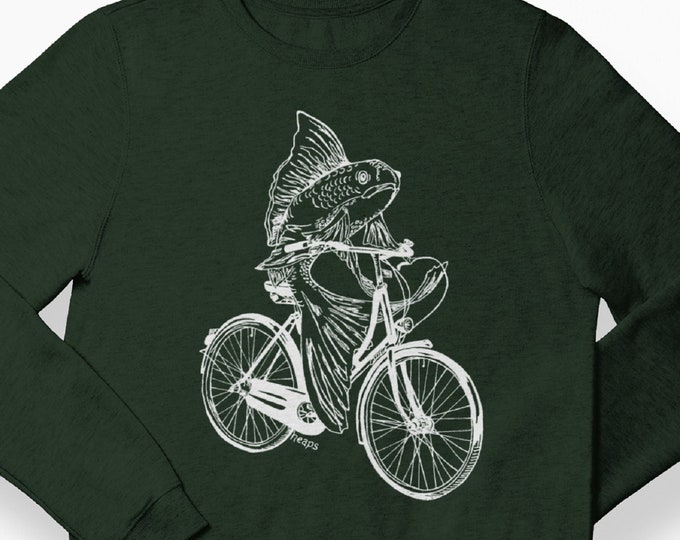 Unisex Sweatshirt Pullover - Forest Green Fleece - Printed Graphic Fish on a Bike - Men Women Hipster Unique Cute Trendy Funny Dad Gift