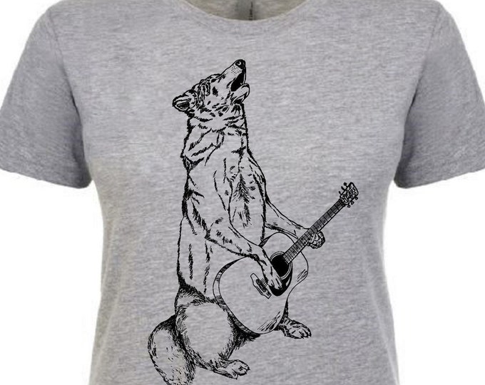 Graphic Tees for Women - Wolf Tshirt - Guitar Tshirt - Wolf Playing Guitar - Howling Wolf Shirt - Acoustic - Musician's Gift Idea