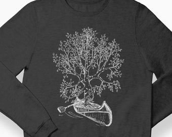 Unisex Sweatshirt - Dark Heather Gray Fleece - Printed Graphic Birch Tree Canoeing - Men Women Crewneck - Gifts for Men Cute Unique Trendy
