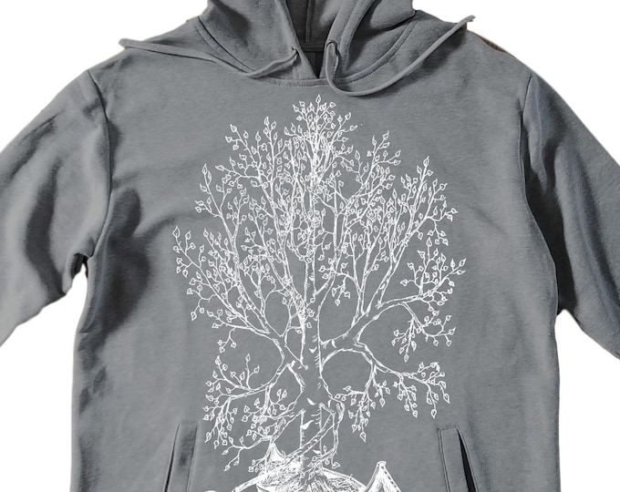 Unisex Pullover Hoodie for Men or Women - Fleece Hoodie - Canoe Birch Tree Screen Print - Long Sleeve - Heather Gray