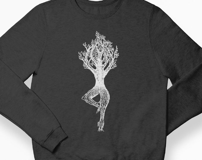 Unisex Sweatshirt Pullover - Dark Heather Gray Fleece - Printed Graphic Yoga Tree Pose - Men Women Crewneck Yoga Gifts Cute Trendy Funny