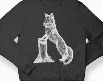 Unisex Sweatshirt - Dark Heather Gray Fleece Pullover - Printed Graphic Bowtie Fox - Men Women Crewneck - Gifts for Men - Cute Unique Trendy