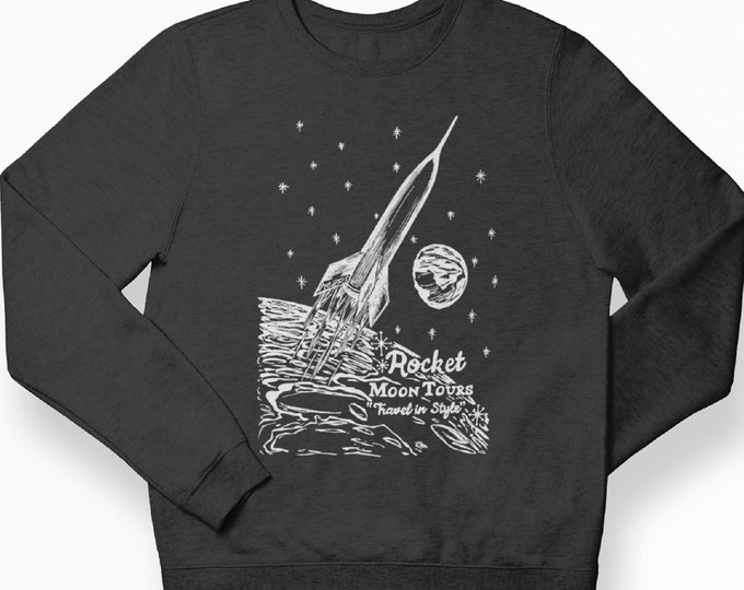 Unisex Sweatshirt - Dark Heather Gray Fleece - Printed Graphic Sci Fi Space Rocket - Men Women Crewneck - Gifts Idea - Cute Trendy Funny