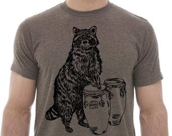 Funny TShirts for Men Premium Quality Lightweight CVC Blend - Heather Brown Tshirt - Raccoon Playing Congas - Graphic Screen Printed Shirt