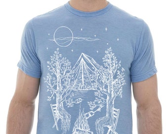 T Shirts for Men - Premium Lightweight CVC Blend - Heather Blue Blended Tee Shirt - Trees Camping Graphic Polyester Cotton Bonfire Campfire