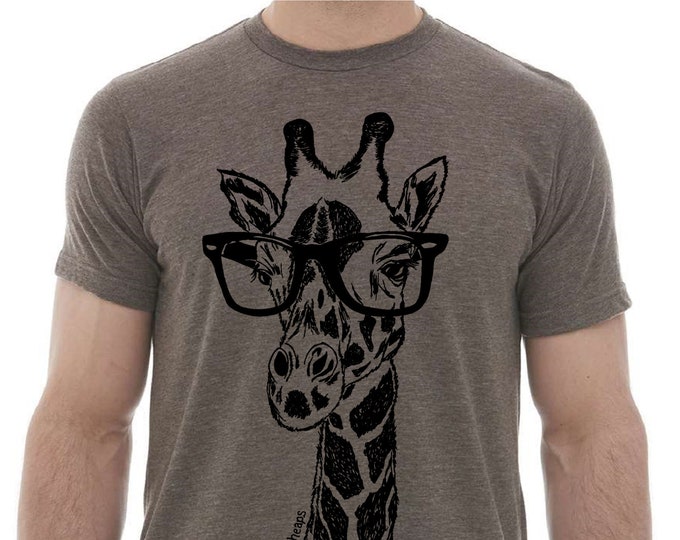 TShirts for Men Premium Quality Lightweight CVC Blend - Heather Brown Tshirt Giraffe with Glasses Graphic Hipster Clothing African Clothing